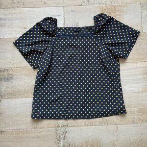 Ann Taylor Petite Size XS Square Neck Puff Sleeve Grey Blouse with Yellow Dots